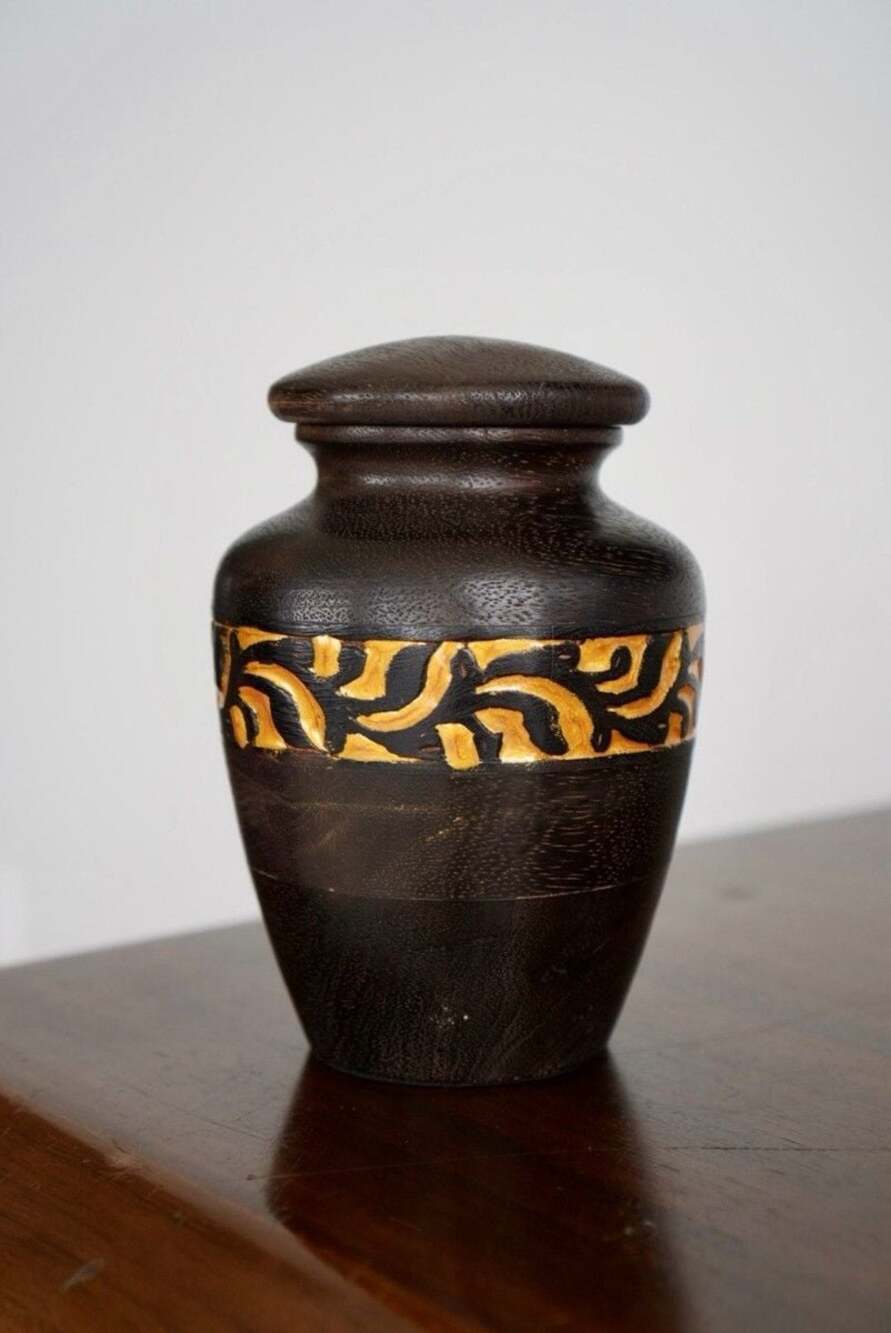Handmade Sheesham Wood Cremation Keepsake Urn with Golden Leaf Inlay